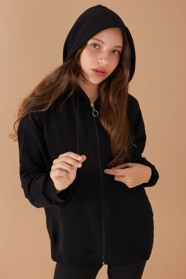 Black Zippered Basic Girl's Hooded School Jacket 19203 - 16