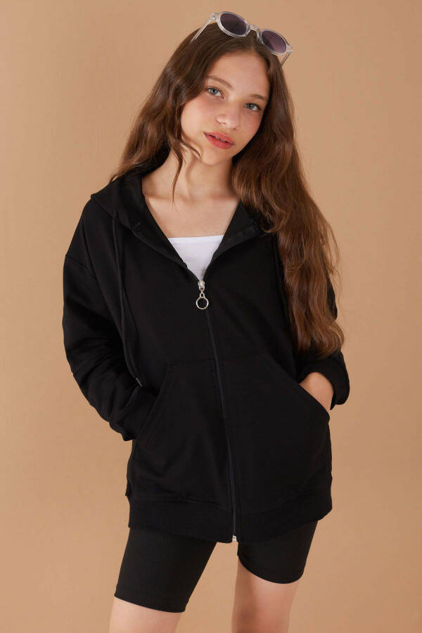 Black Zippered Basic Girl's Hooded School Jacket 19203 - 8