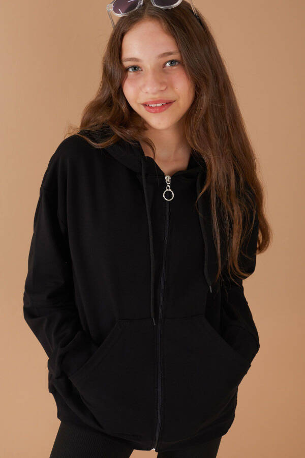 Black Zippered Basic Girl's Hooded School Jacket 19203 - 10