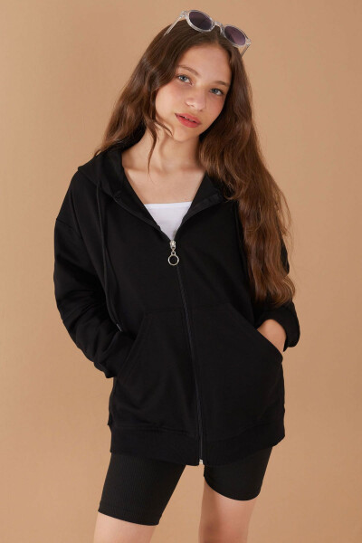 Black Zippered Basic Girl's Hooded School Jacket 19203 - 2