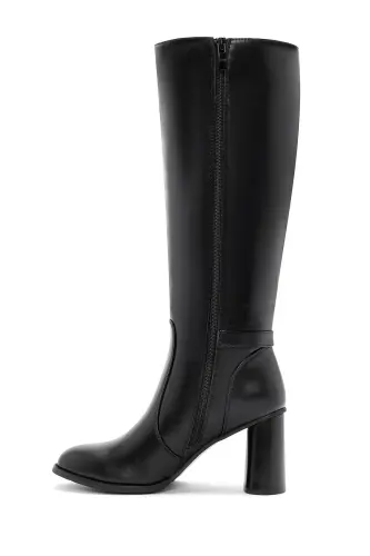 Black zippered, chunky heeled leather boots. - 4
