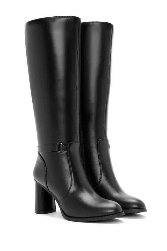 Black zippered, chunky heeled leather boots. - 5