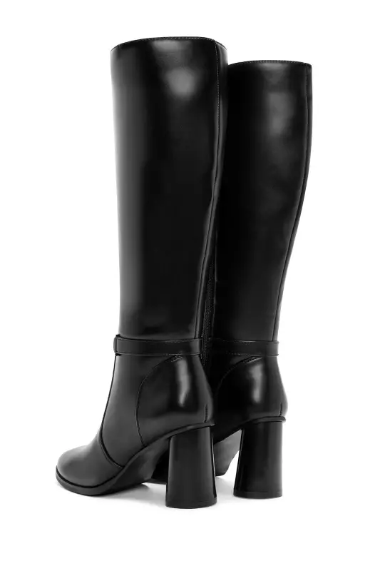 Black zippered, chunky heeled leather boots. - 6