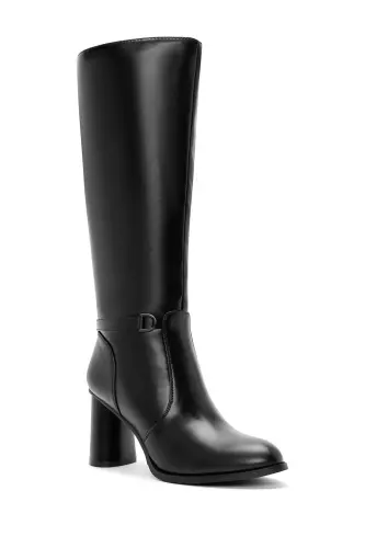 Black zippered, chunky heeled leather boots. - 7