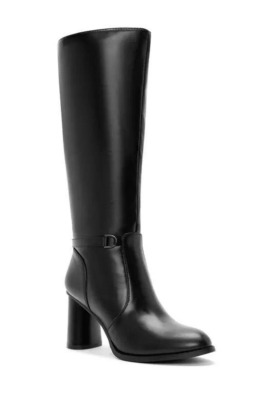 Black zippered, chunky heeled leather boots. - 7