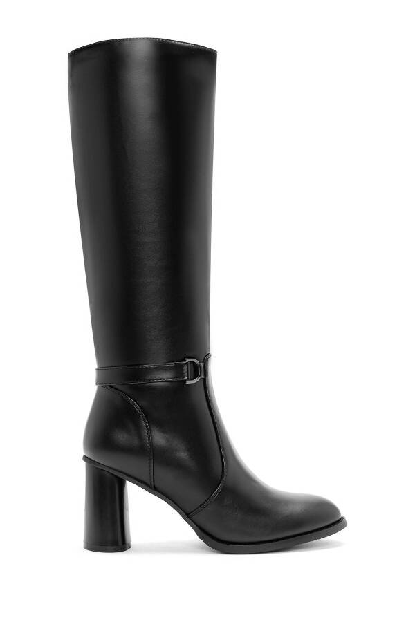 Black zippered, chunky heeled leather boots. - 1