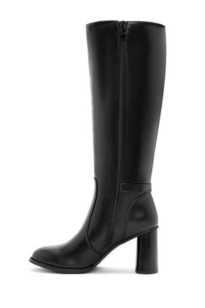 Black zippered, chunky heeled leather boots. - 7