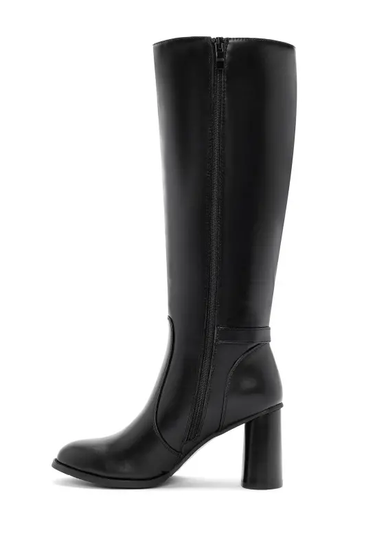 Black zippered, chunky heeled leather boots. - 4