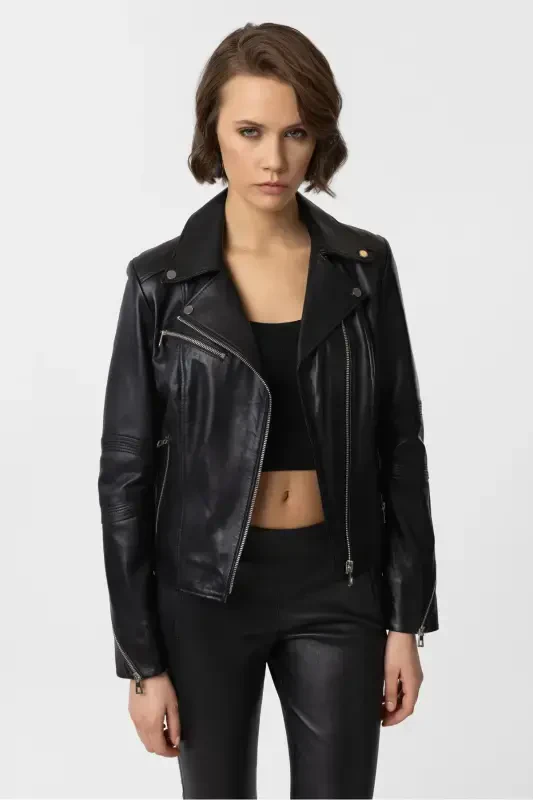 Black zippered genuine leather women's jacket - 2