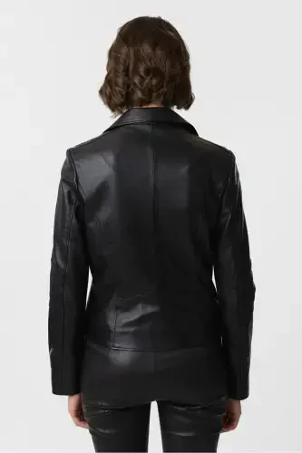 Black zippered genuine leather women's jacket - 6