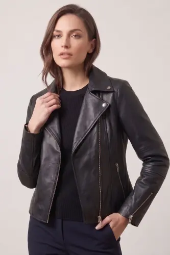 Black zippered genuine leather women's jacket - 1