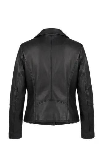 Black zippered genuine leather women's jacket - 7