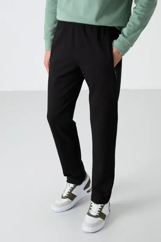 Black Zippered Three Pocket Slim Fit Classic Leg Men's Sweatpants - 84671-BLACK - TOMMY LIFE