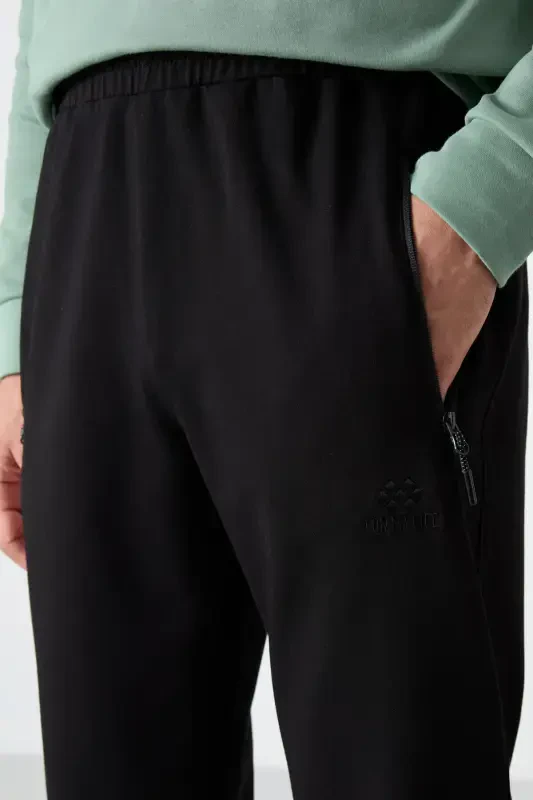 Black Zippered Three Pocket Slim Fit Classic Leg Men's Sweatpants - 84671-BLACK - 3