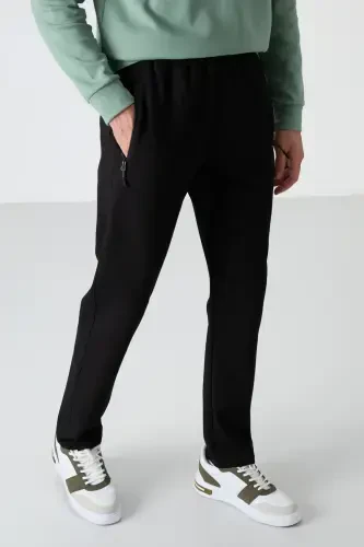 Black Zippered Three Pocket Slim Fit Classic Leg Men's Sweatpants - 84671-BLACK - 5