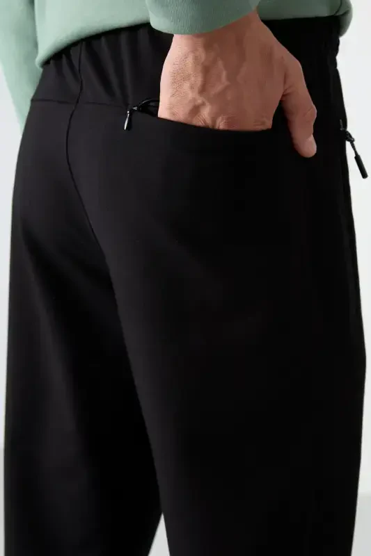 Black Zippered Three Pocket Slim Fit Classic Leg Men's Sweatpants - 84671-BLACK - 6
