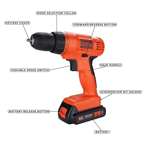 BLACK+DECKER 20V MAX POWERCONNECT Akumlyatorli Burg'ilagich/Burgulovchi + 30 dona Uch va Burg'ulovchi to'plami (LD120VA) - 16