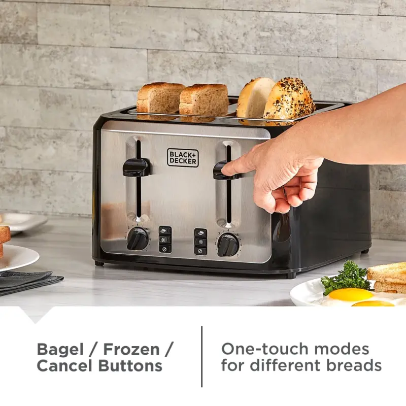 BLACK+DECKER Black/Silver 4‑Slice Toaster with Extra‑Wide Slots, 7 Adjustable Shade Settings, High‑Lift Lever & Drop‑Down Crumb Tray - 8