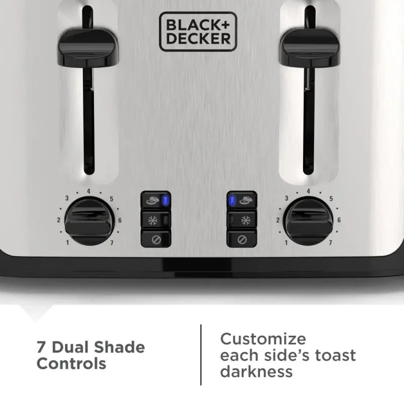 BLACK+DECKER Black/Silver 4‑Slice Toaster with Extra‑Wide Slots, 7 Adjustable Shade Settings, High‑Lift Lever & Drop‑Down Crumb Tray - 9