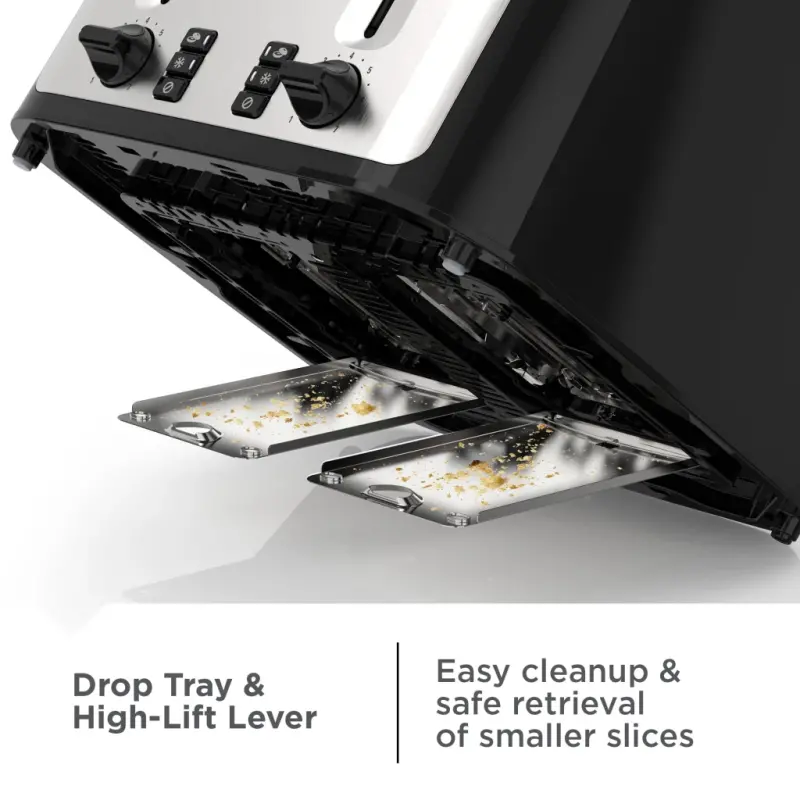BLACK+DECKER Black/Silver 4‑Slice Toaster with Extra‑Wide Slots, 7 Adjustable Shade Settings, High‑Lift Lever & Drop‑Down Crumb Tray - 10