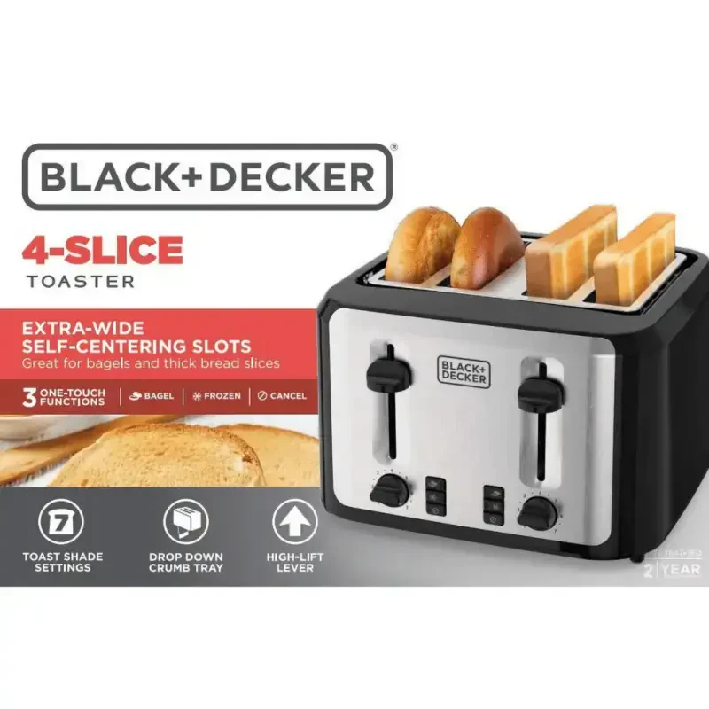 BLACK+DECKER 4-Slice Toaster, Black and Silver with Extra-Wide Slots - 4