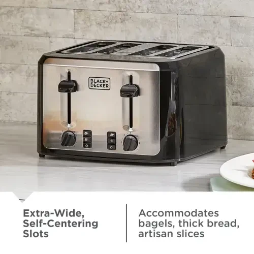 BLACK+DECKER 4-Slice Toaster, Black and Silver with Extra-Wide Slots - 7