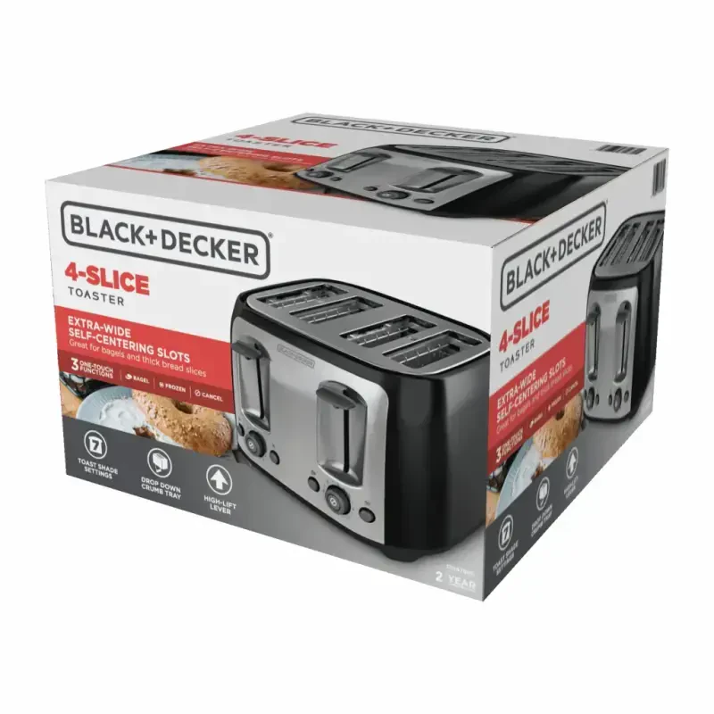 BLACK+DECKER 4-Slice Toaster with Extra-Wide Slots, Black with Stainless Steel Accents, including Crumb Tray - BLACK+DECKER