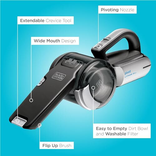 BLACK+DECKER dustbuster PIVOT VAC Cordless Handheld Vacuum, Home and Car Vacuum with Crevice Tool and Pivot Nozzle (BDH2000PL) - 9