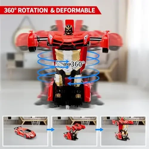 Blackma Masofadan Boshqariladigan Avtomobil - Transformatsiya, Bir Tugmani Bosish Orqali Deformatsiya & 360° Aylanadigan Drift, LED Chiroqli Transformator Robot RC Avtomobil, 4 5 6 7 8 9 10 11 12 Yoshli O'g'il Bolalar uchun O'yinchoq Sovg'alari (Qizil) - 4