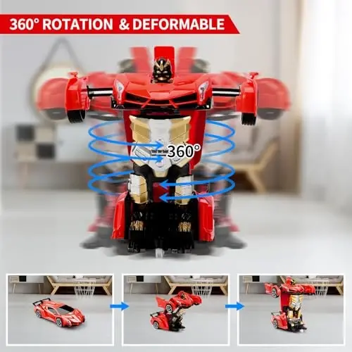 Blackma Remote Control Car - Transform, One-Button Deformation & 360°Rotating Drifting, Transform Robot RC Car with LED Light, Toy Gifts for 4 5 6 7 8 9 10 11 12 Years Old Boy (Red) - 4
