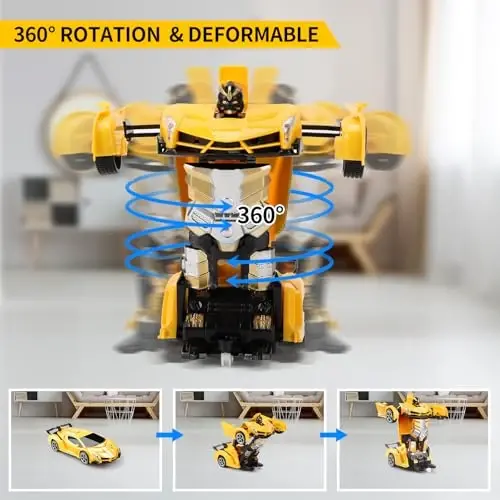Blackma Transform RC Car Toy - Remote Control Car with Flashing Lights, One-Button Deformation, 2.4GHz & 360° Rotation, Gift for Kids Boys Girls Ages 4-12 - Yellow - 4