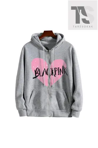 Blackpink Kalp Sweatshirt Fermuarlı Hırka-Gri blackpink - ADRIFT (1)