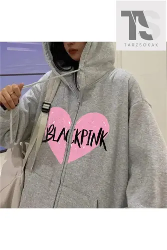Blackpink Qalb Sweatshirt Fermuarli Hırka-Kulrang blackpink 