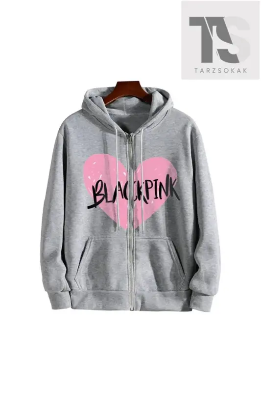 Blackpink Qalb Sweatshirt Fermuarli Hırka-Kulrang blackpink - 2