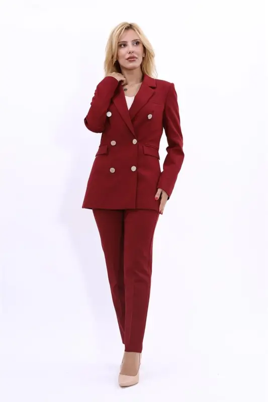 Erkek Yaka Kuruvaze Blazer Ceket & Dar Paça Pantolon-Bordo - Bordo - 1