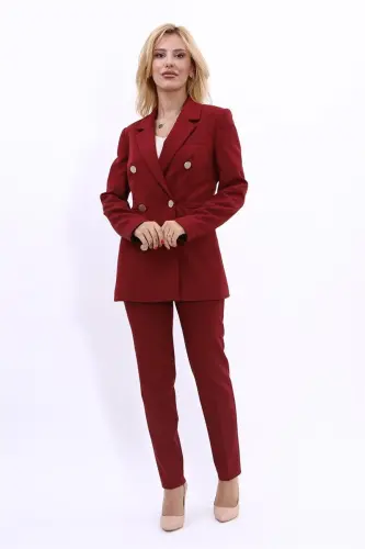 Erkek Yaka Kuruvaze Blazer Ceket & Dar Paça Pantolon-Bordo - Bordo - 5