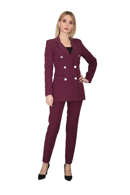 Erkek Yaka Kuruvaze Blazer Ceket & Dar Paça Pantolon-Mürdüm-Mürdüm - 2