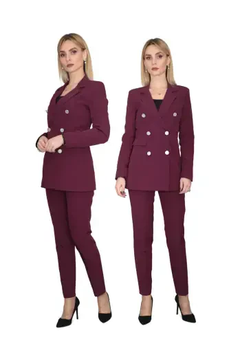 Erkek Yaka Kuruvaze Blazer Ceket & Dar Paça Pantolon-Mürdüm-Mürdüm - 4