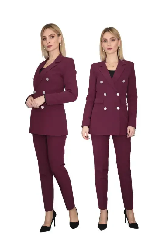 Erkek Yaka Kuruvaze Blazer Ceket & Dar Paça Pantolon-Mürdüm-Mürdüm - 4