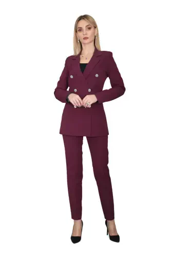 Erkek Yaka Kuruvaze Blazer Ceket & Dar Paça Pantolon-Mürdüm-Mürdüm - 5