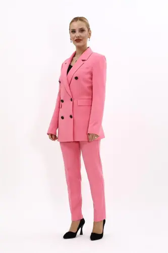 Erkek Yaka Kuruvaze Blazer Ceket & Dar Paça Pantolon-Pembe-Pembe - 5