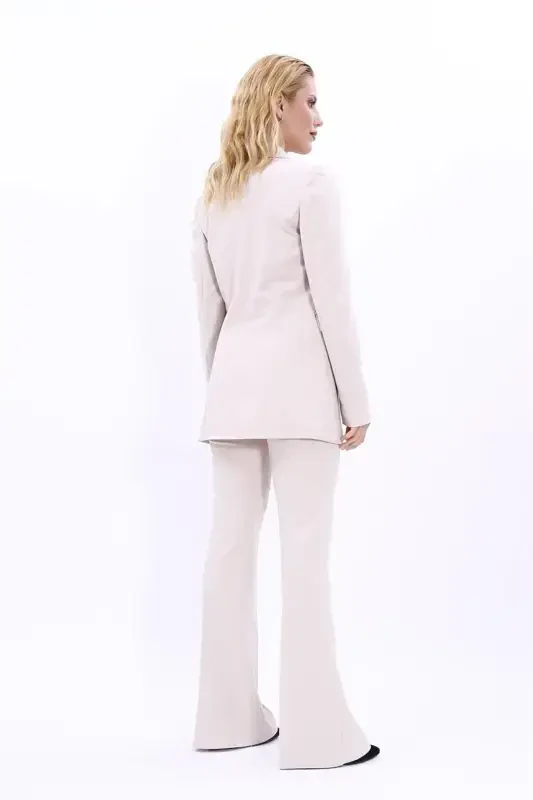 Erkek Yaka Kuruvaze Blazer Ceket & İspanyol Paça Pantolon-Bej-Bej - 2