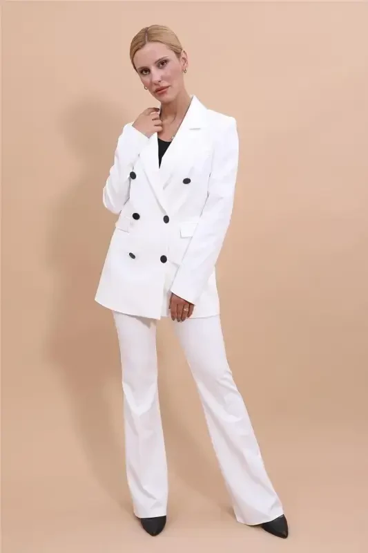 Erkek Yaka Kuruvaze Blazer Ceket & İspanyol Paça Pantolon-Beyaz-Ekru - 1