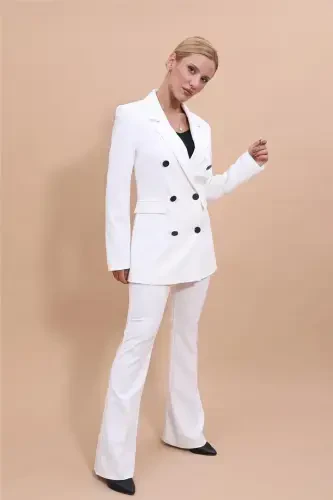 Erkek Yaka Kuruvaze Blazer Ceket & İspanyol Paça Pantolon-Beyaz-Ekru - 4