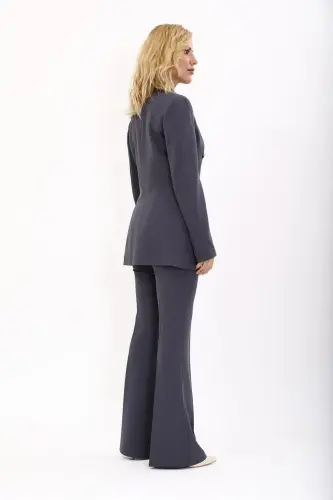 Erkek Yaka Kuruvaze Blazer Ceket & İspanyol Paça Pantolon-Füme - Füme - 4