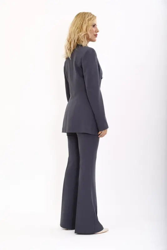 Erkek Yaka Kuruvaze Blazer Ceket & İspanyol Paça Pantolon-Füme - Füme - 4