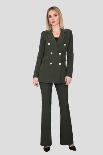 Erkek Yaka Kuruvaze Blazer Ceket & İspanyol Paça Pantolon-Haki - Haki 