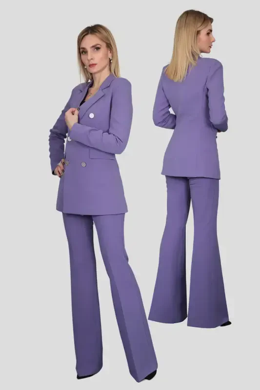 Erkek Yaka Kuruvaze Blazer Ceket & İspanyol Paça Pantolon-Lila-Lila - 3