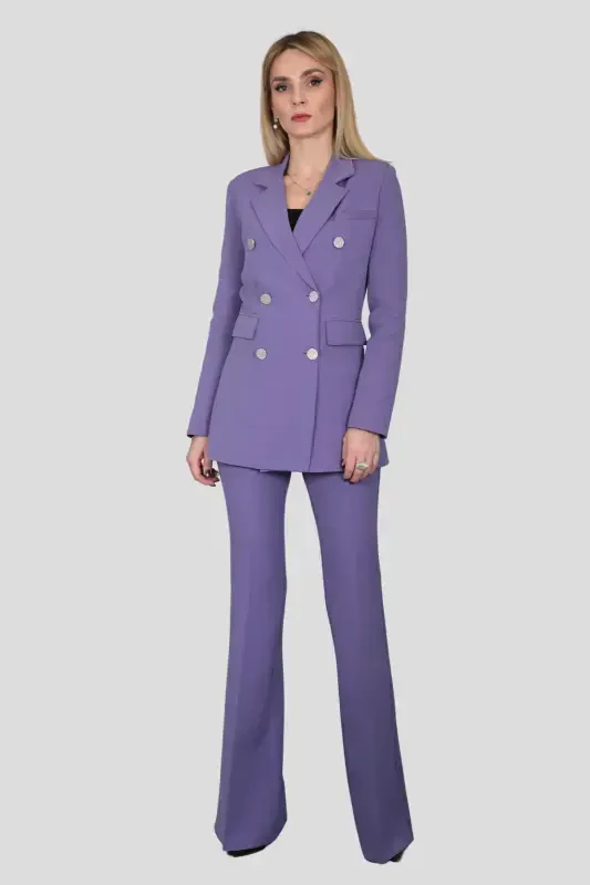 Erkek Yaka Kuruvaze Blazer Ceket & İspanyol Paça Pantolon-Lila-Lila - 5