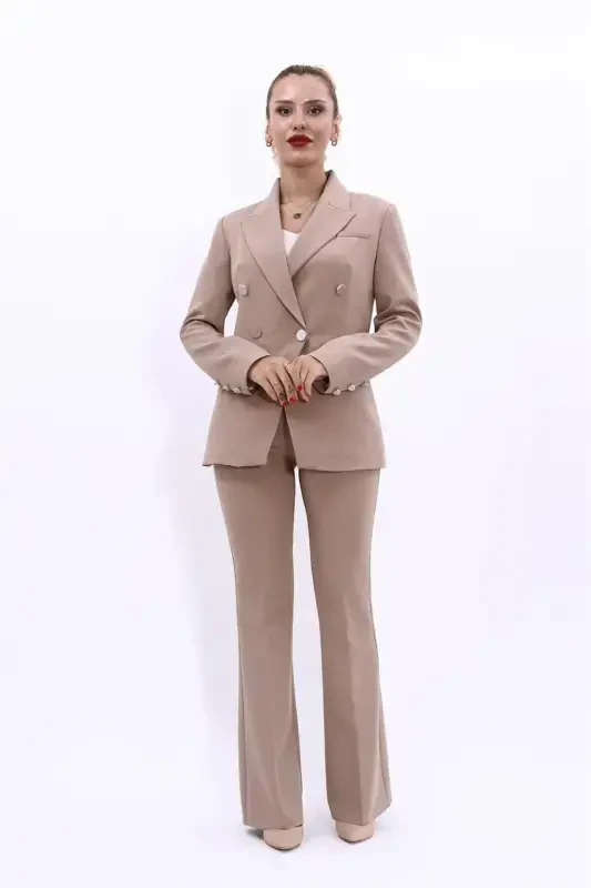 Erkek Yaka Kuruvaze Blazer Ceket & İspanyol Paça Pantolon-Taş-Taş - 3